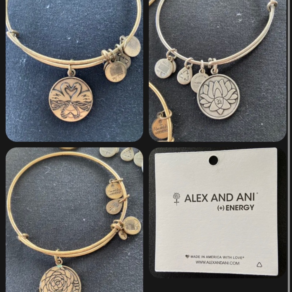 Set Of 4 Alex and Ani gold silver bracelets- Swan, A, Lotus, My Other Half